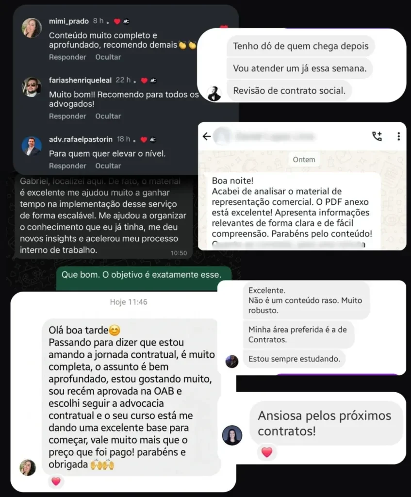 Prints de mensagens de alunos elogiando o Método Jornada Contratual