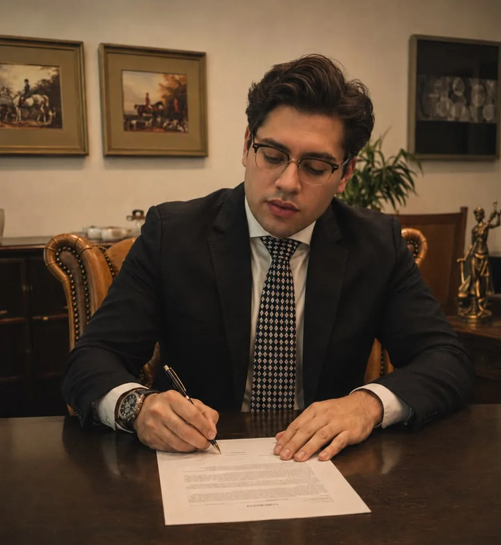 Advogado assinando um contrato sobre a mesa do escritório