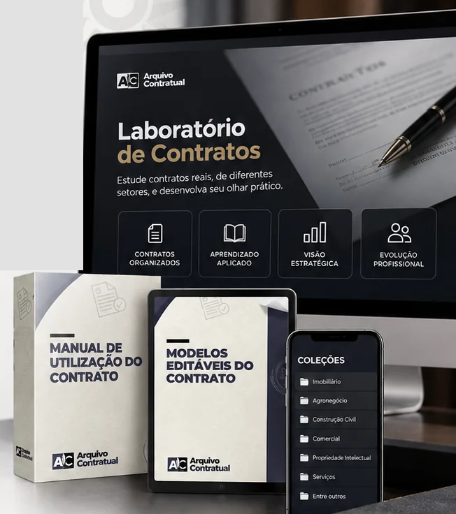 Laboratório de Contratos exibido em monitor, tablet e celular, com manual de utilização e modelos editáveis